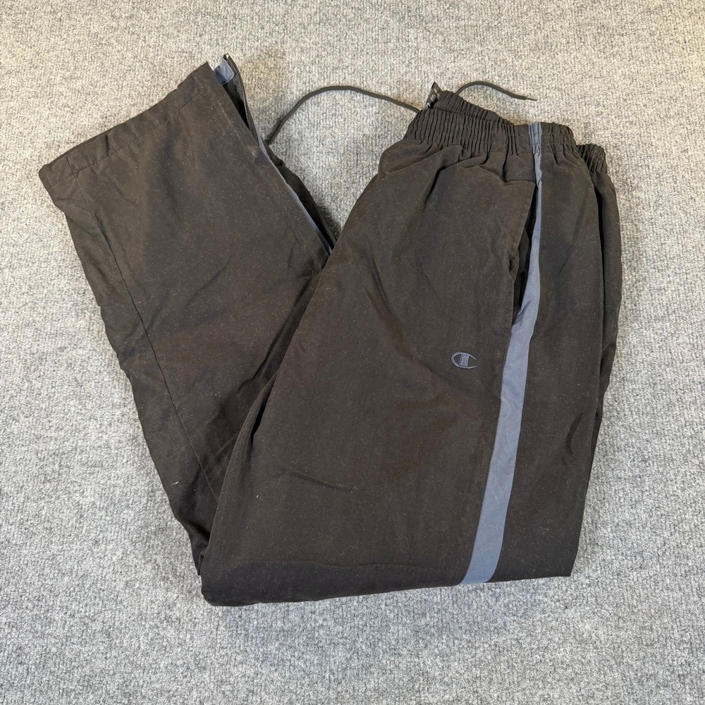 Champion Mens Fleece Lined Track Pants Black Grey Side Stripe Medium #4033